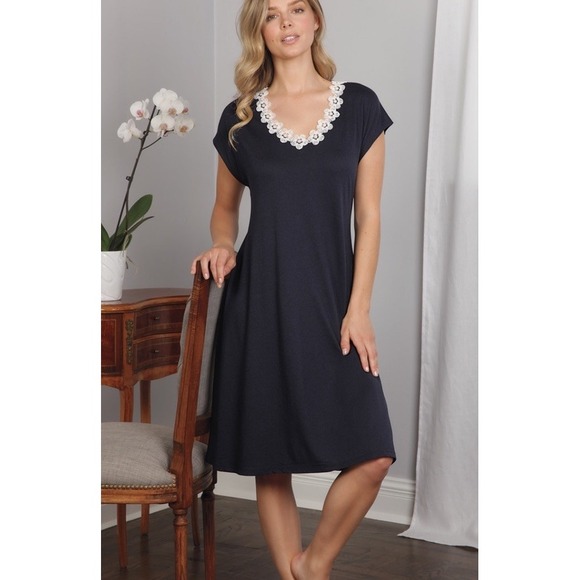 SCHWEITZER LINEN‎ Natalia Navy Blue Pima Cotton Night GownNightdress Medium